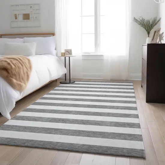 Gray And Ivory Striped Washable Area Rug With UV Protection Photo 6