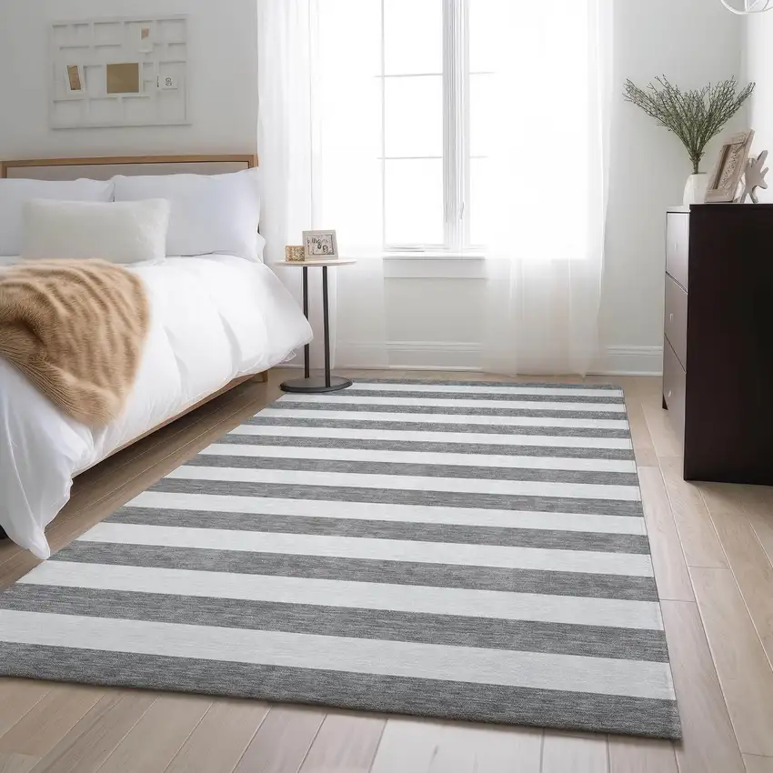 Gray And Ivory Striped Washable Area Rug With UV Protection Photo 5