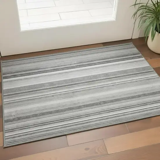 Gray And Ivory Striped Washable Area Rug With UV Protection Photo 2