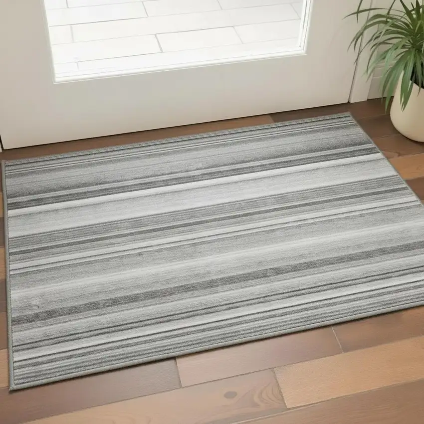 Gray And Ivory Striped Washable Area Rug With UV Protection Photo 2
