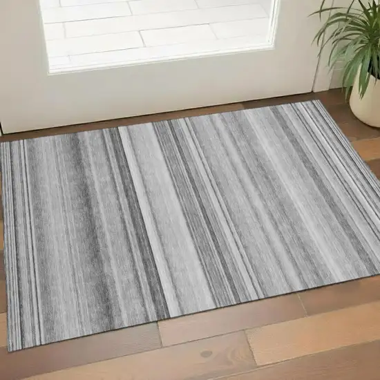 Gray And Ivory Striped Washable Area Rug With UV Protection Photo 1