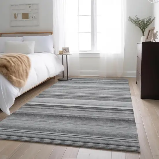 Gray And Ivory Striped Washable Area Rug With UV Protection Photo 4