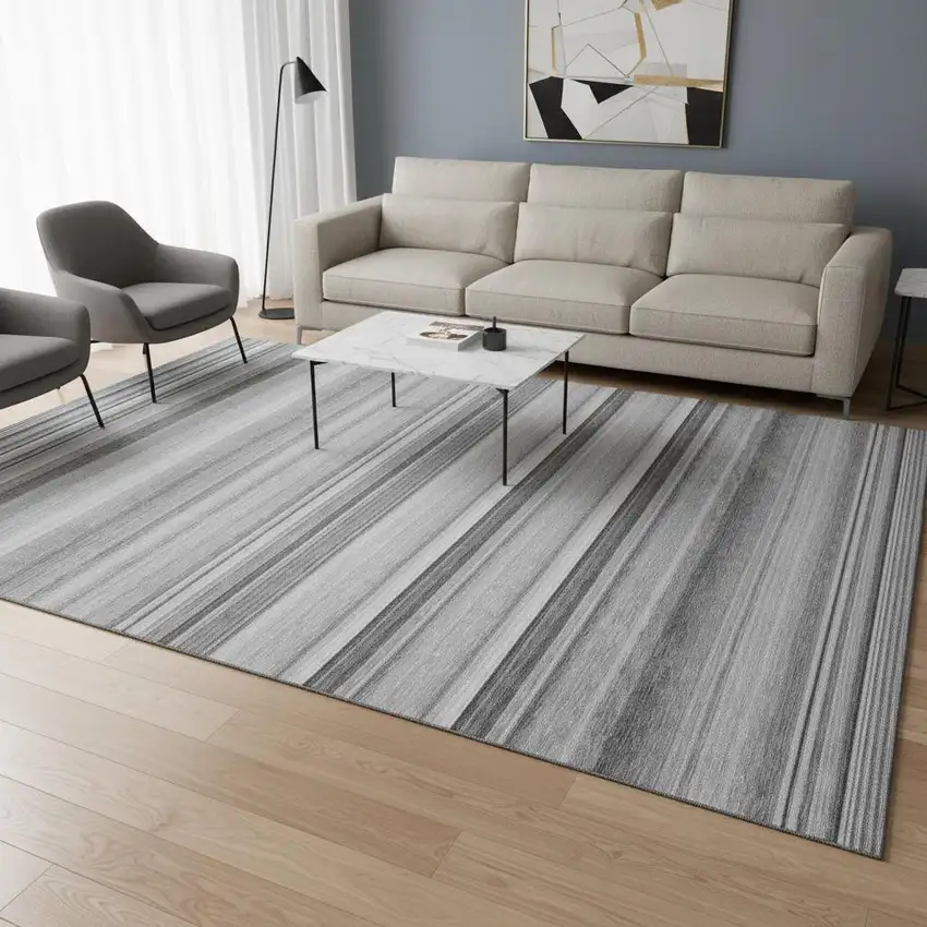 Gray And Ivory Striped Washable Area Rug With UV Protection Photo 2