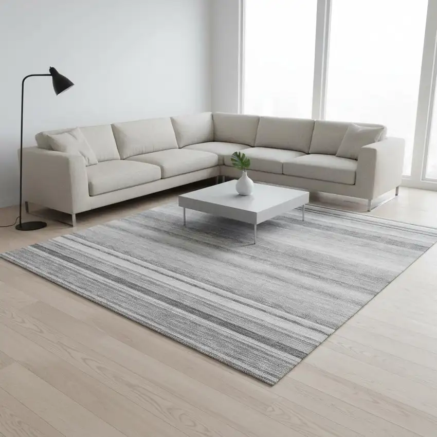 Gray And Ivory Striped Washable Area Rug With UV Protection Photo 2