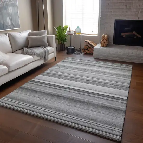 Gray And Ivory Striped Washable Area Rug With UV Protection Photo 4