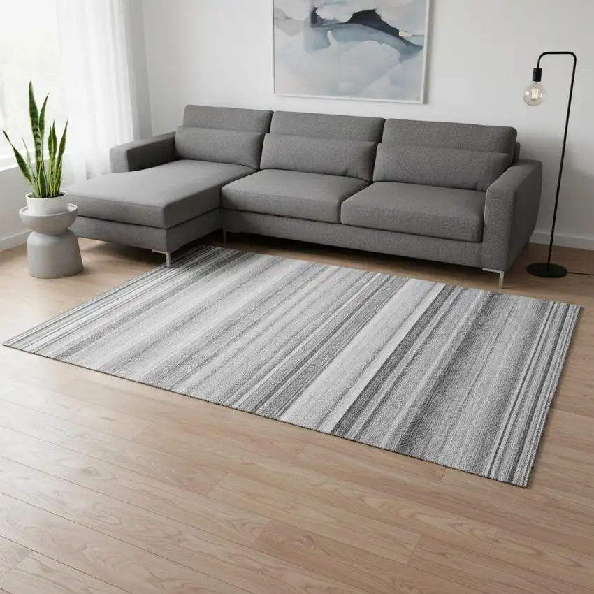 Gray And Ivory Striped Washable Area Rug With UV Protection Photo 2