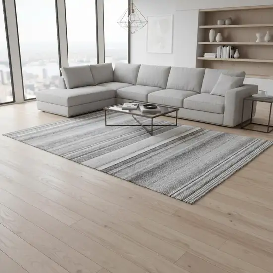 Gray And Ivory Striped Washable Area Rug With UV Protection Photo 2