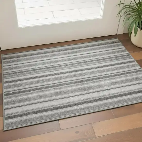 Gray And Ivory Striped Washable Area Rug With UV Protection Photo 2