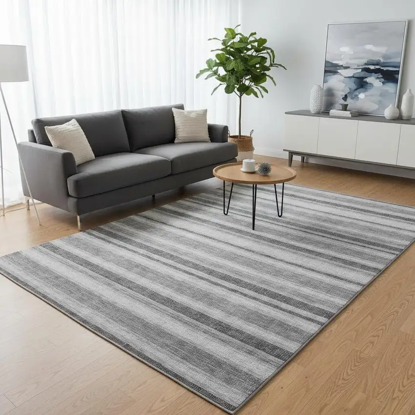 Gray And Ivory Striped Washable Area Rug With UV Protection Photo 2