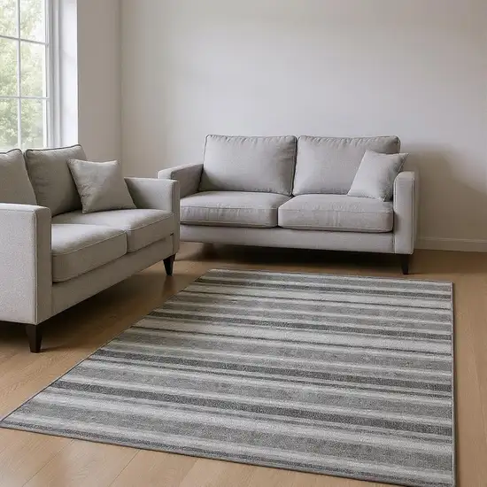Gray And Ivory Striped Washable Area Rug With UV Protection Photo 2