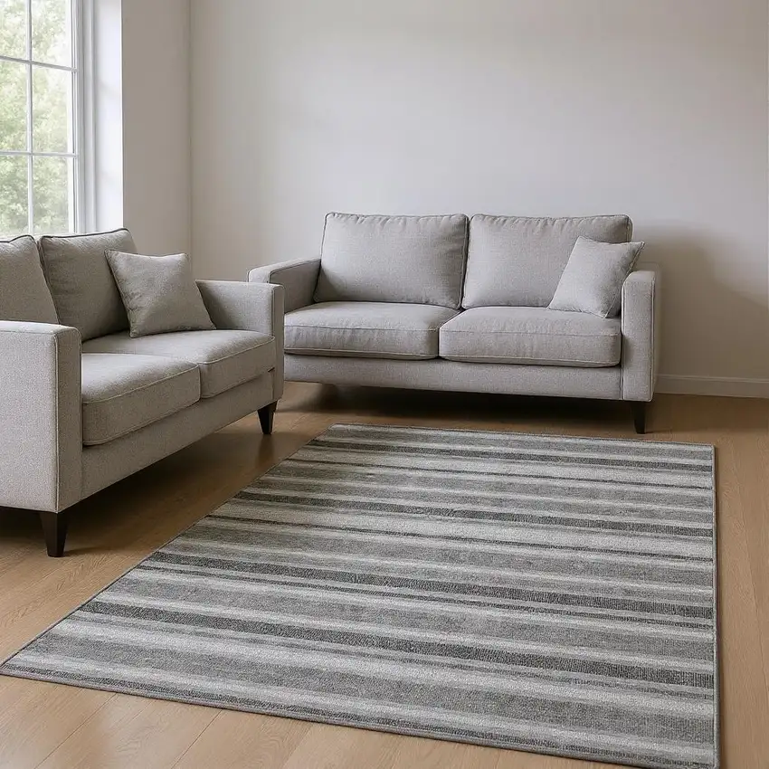 Gray And Ivory Striped Washable Area Rug With UV Protection Photo 2