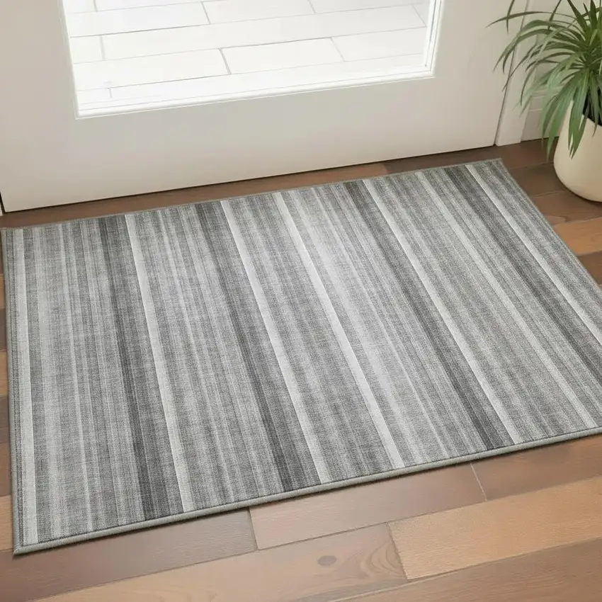 Gray And Ivory Striped Washable Area Rug With UV Protection Photo 2