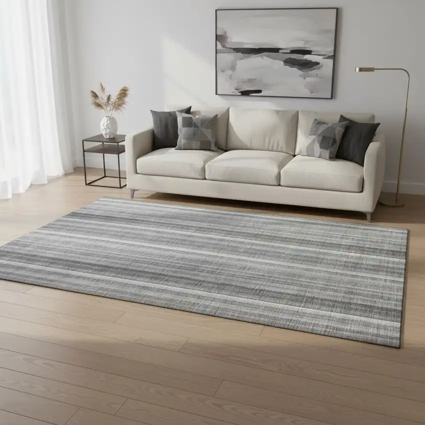 Gray And Ivory Striped Washable Area Rug With UV Protection Photo 2