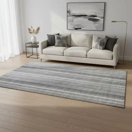 Gray And Ivory Striped Washable Area Rug With UV Protection Photo 2