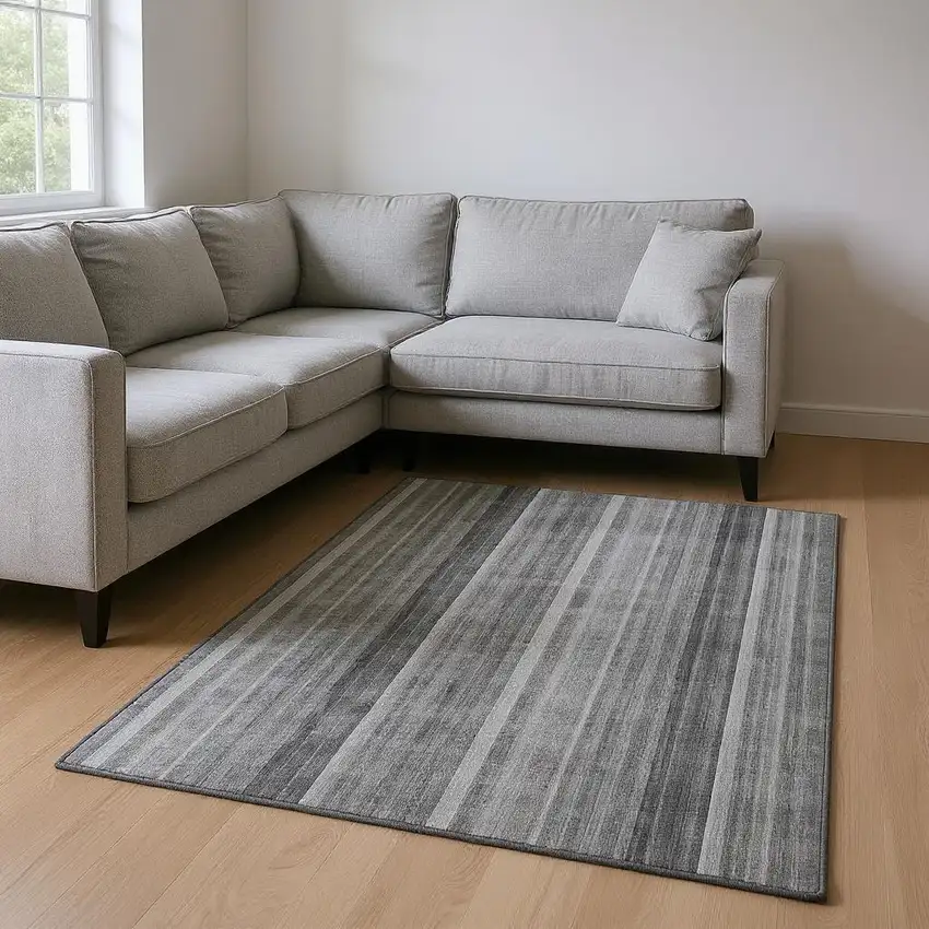 Gray And Ivory Striped Washable Area Rug With UV Protection Photo 2