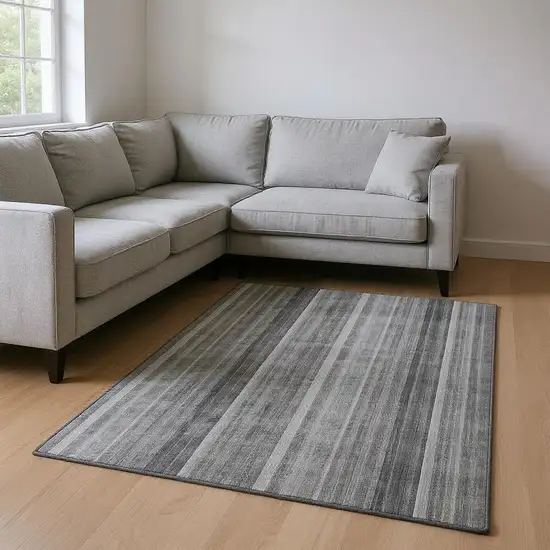 Gray And Ivory Striped Washable Area Rug With UV Protection Photo 2