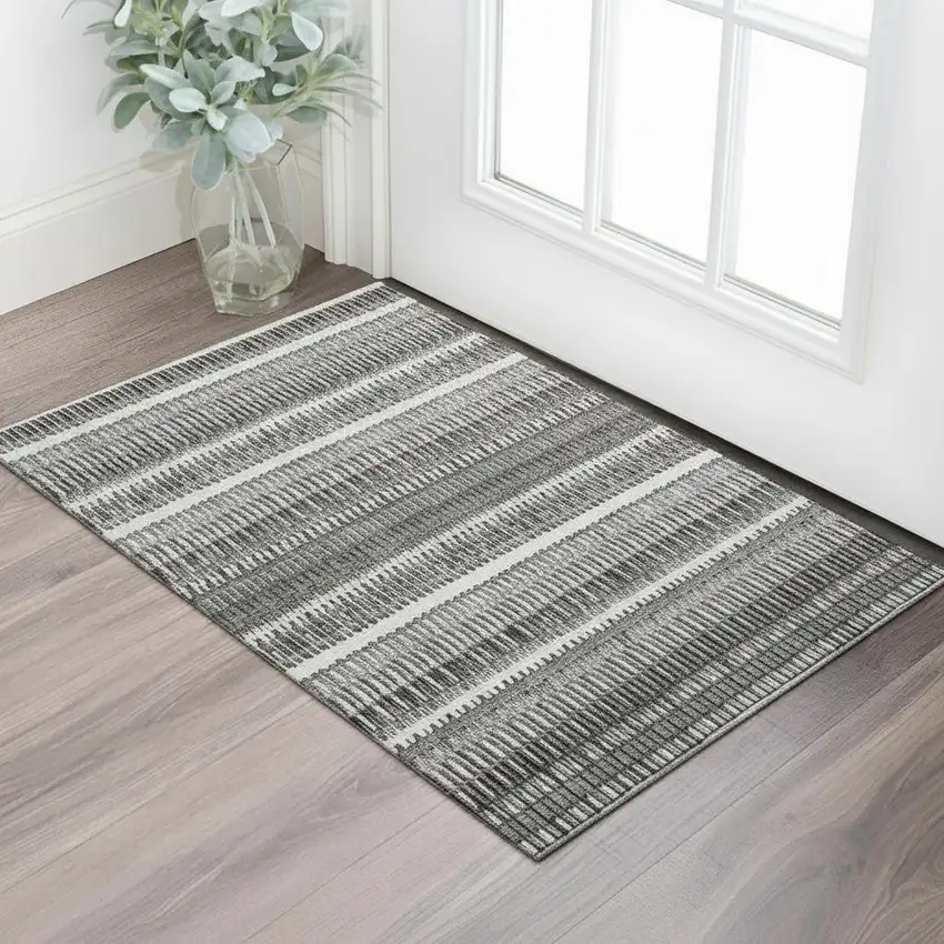 Gray And Ivory Striped Washable Area Rug With UV Protection Photo 1