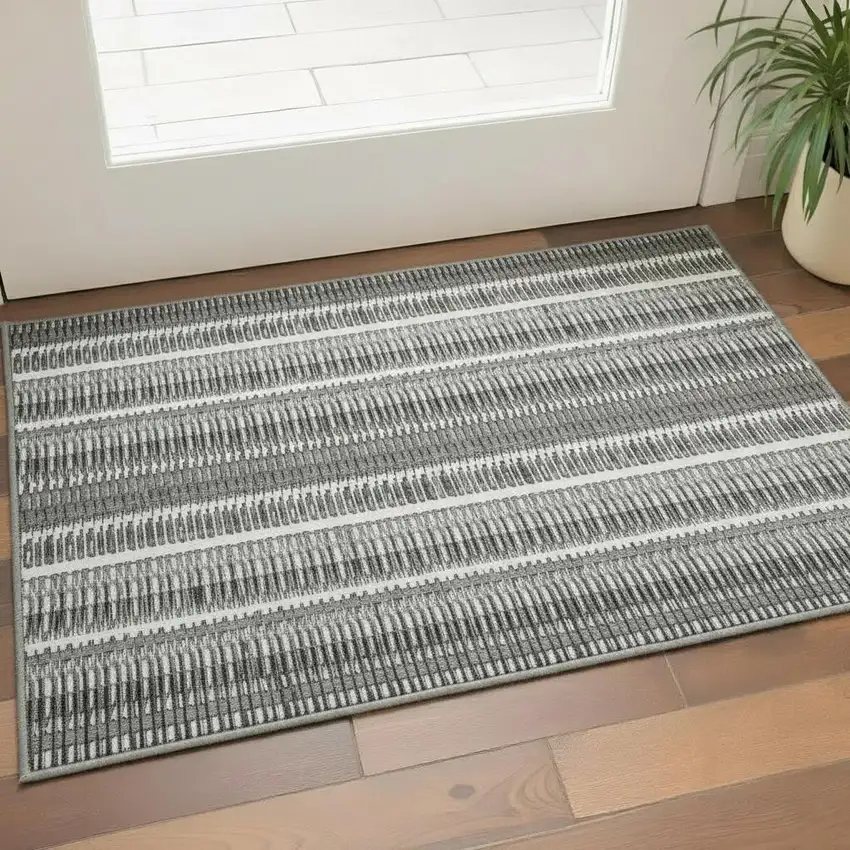 Gray And Ivory Striped Washable Area Rug With UV Protection Photo 1