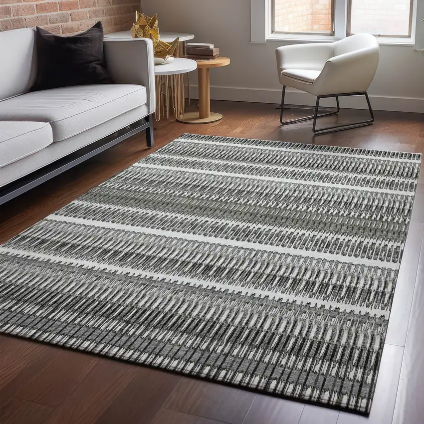 Gray And Ivory Striped Washable Area Rug With UV Protection Photo 5