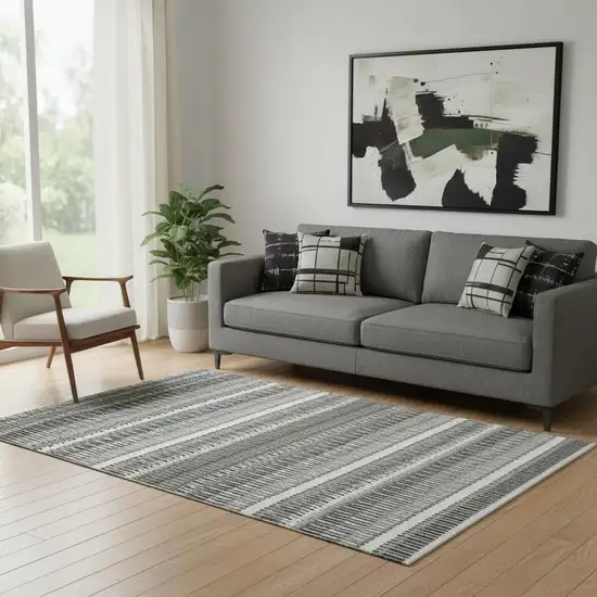 Gray And Ivory Striped Washable Area Rug With UV Protection Photo 1