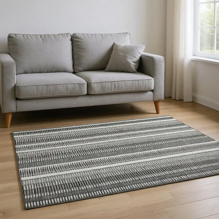 Gray And Ivory Striped Washable Area Rug With UV Protection Photo 2