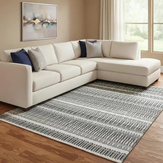 Gray And Ivory Striped Washable Area Rug With UV Protection Photo 1