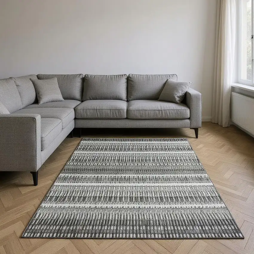 Gray And Ivory Striped Washable Area Rug With UV Protection Photo 2