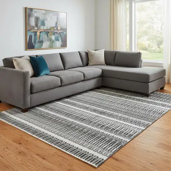 Gray And Ivory Striped Washable Area Rug With UV Protection Photo 1