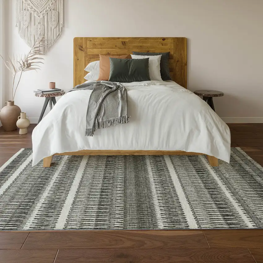 Gray And Ivory Striped Washable Area Rug With UV Protection Photo 6