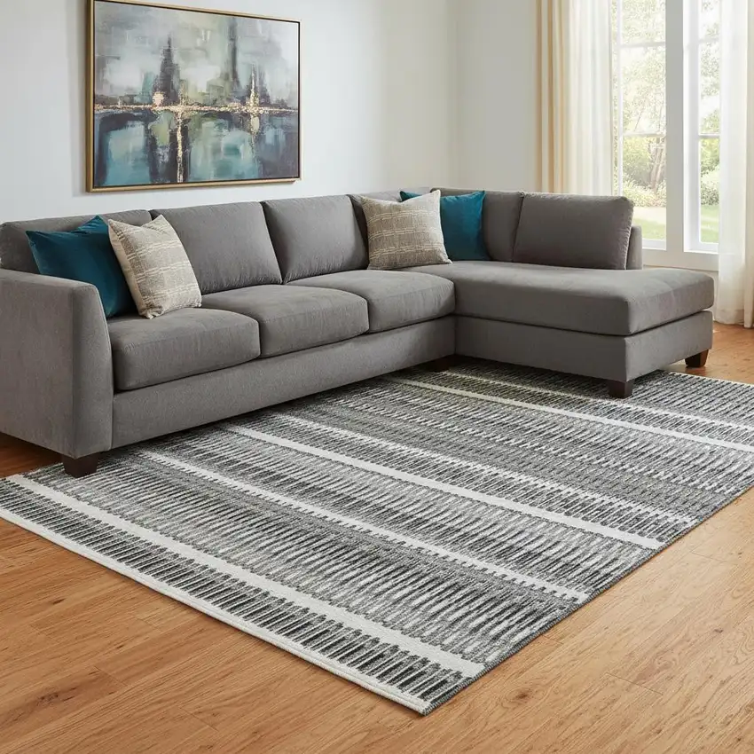 Gray And Ivory Striped Washable Area Rug With UV Protection Photo 1