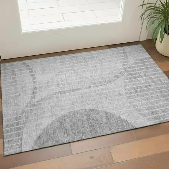 Gray And Ivory Striped Washable Area Rug With UV Protection Photo 1
