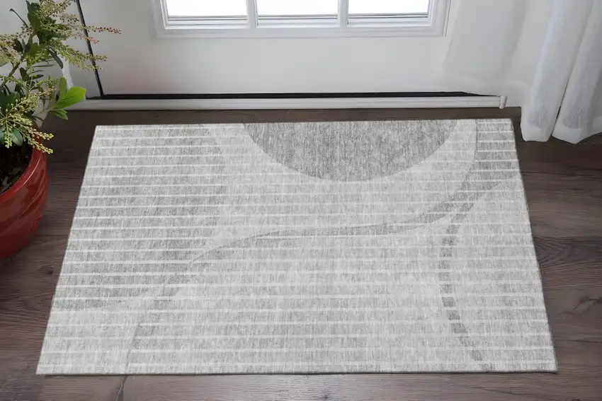 Gray And Ivory Striped Washable Area Rug With UV Protection Photo 2