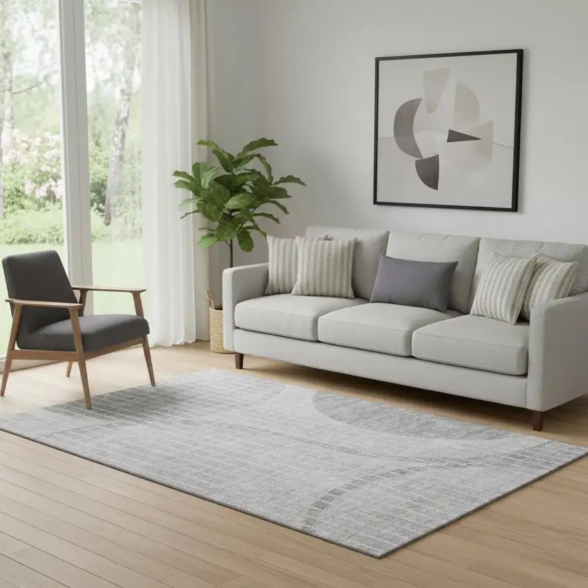 Gray And Ivory Striped Washable Area Rug With UV Protection Photo 1