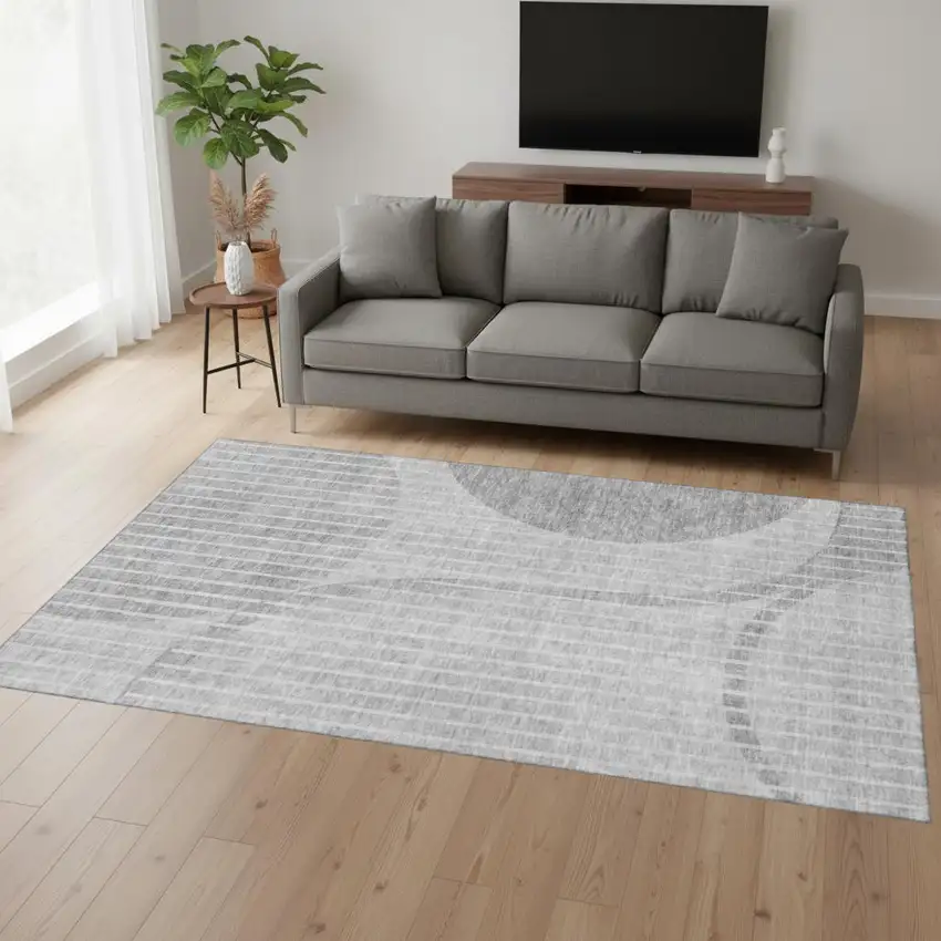 Gray And Ivory Striped Washable Area Rug With UV Protection Photo 1