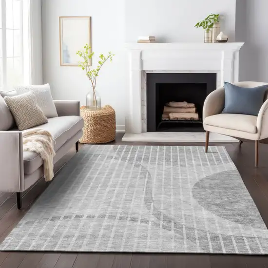 Gray And Ivory Striped Washable Area Rug With UV Protection Photo 6