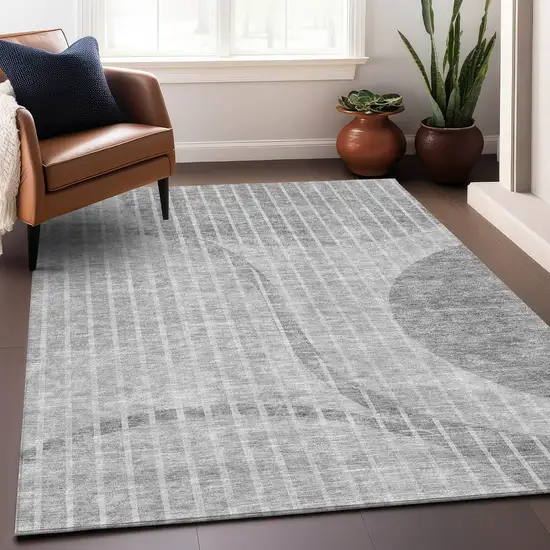 Gray And Ivory Striped Washable Area Rug With UV Protection Photo 4