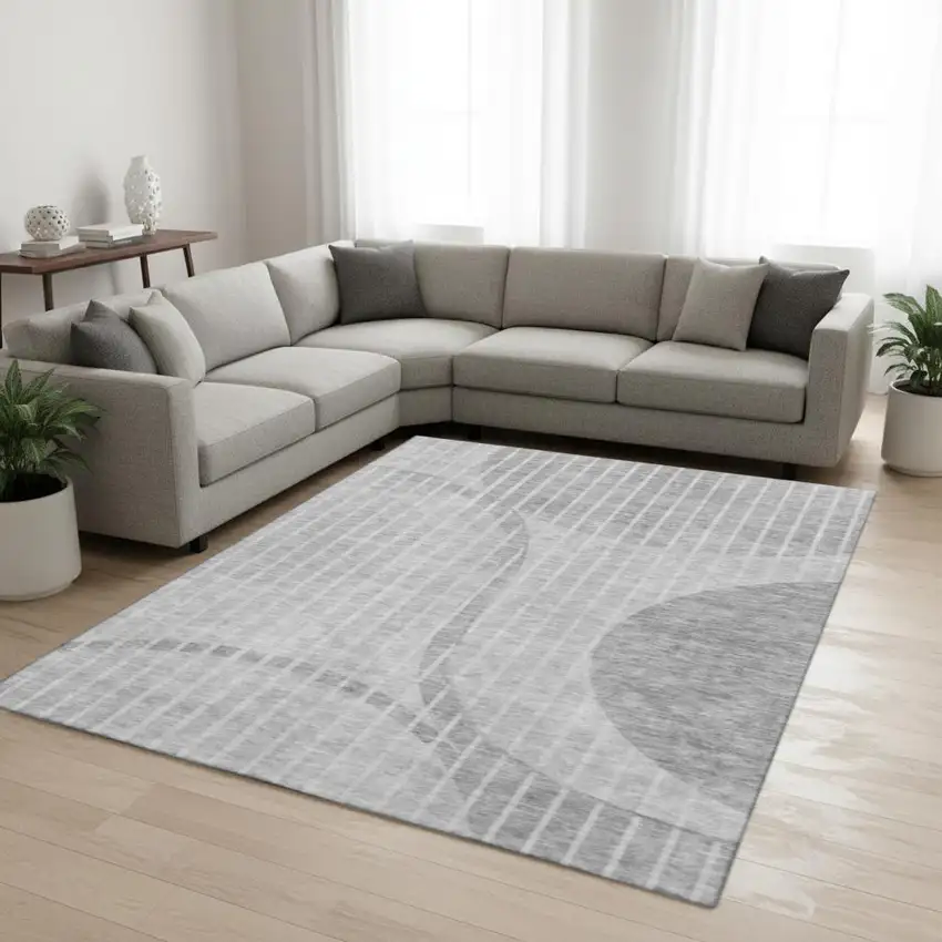 Gray And Ivory Striped Washable Area Rug With UV Protection Photo 1