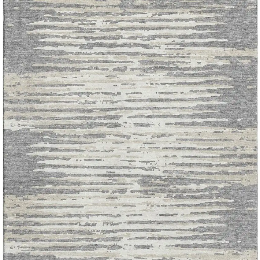 Gray And Ivory Striped Washable Area Rug With UV Protection Photo 4