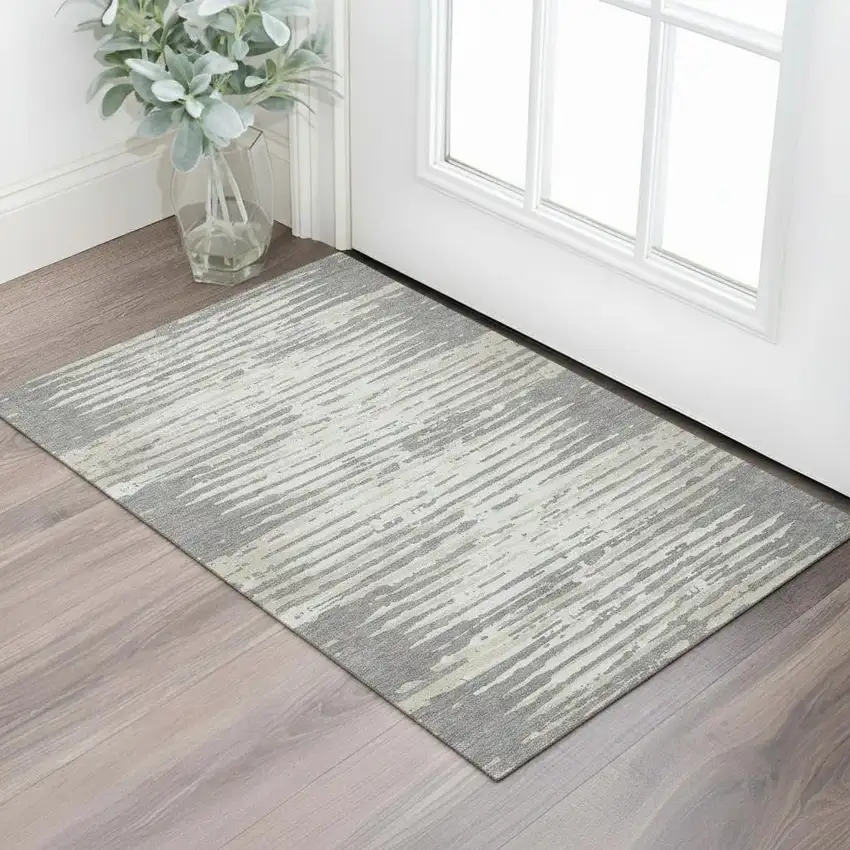 Gray And Ivory Striped Washable Area Rug With UV Protection Photo 1