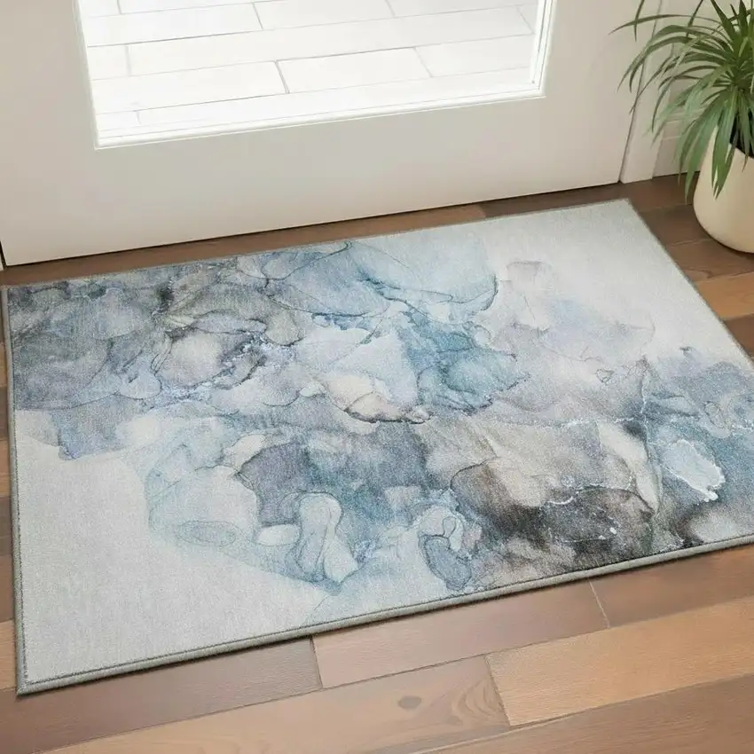 Gray And Ivory Striped Washable Area Rug With UV Protection Photo 2