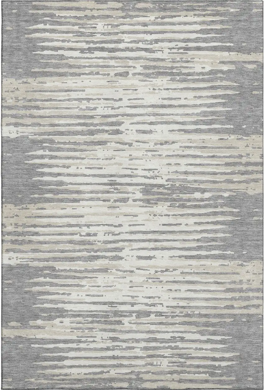 Gray And Ivory Striped Washable Area Rug With UV Protection Photo 1