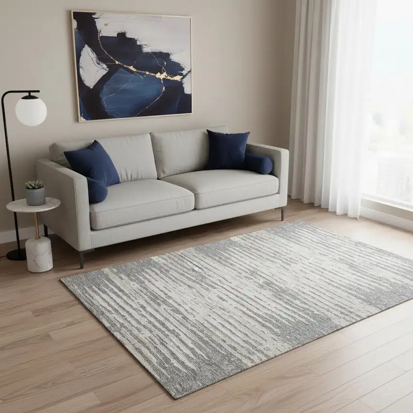 Gray And Ivory Striped Washable Area Rug With UV Protection Photo 2