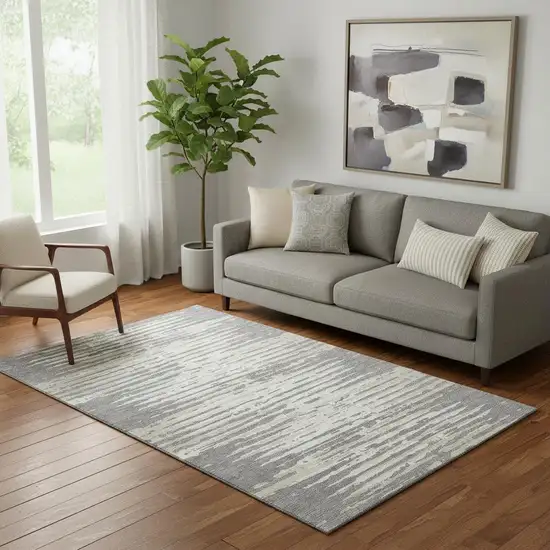 Gray And Ivory Striped Washable Area Rug With UV Protection Photo 1