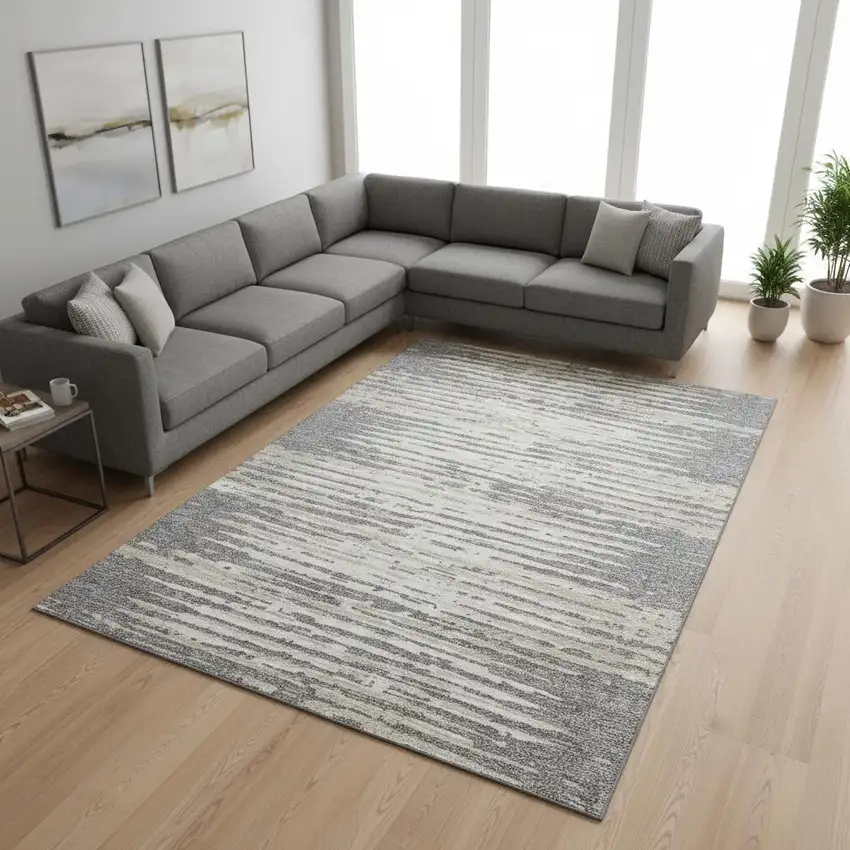 Gray And Ivory Striped Washable Area Rug With UV Protection Photo 2