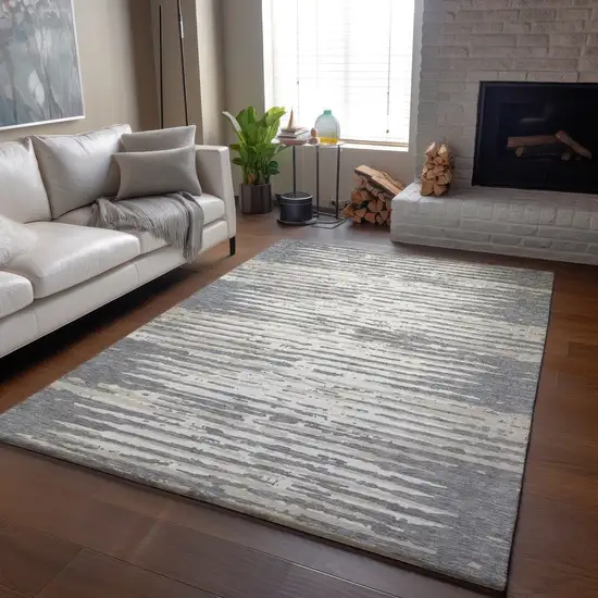 Gray And Ivory Striped Washable Area Rug With UV Protection Photo 5
