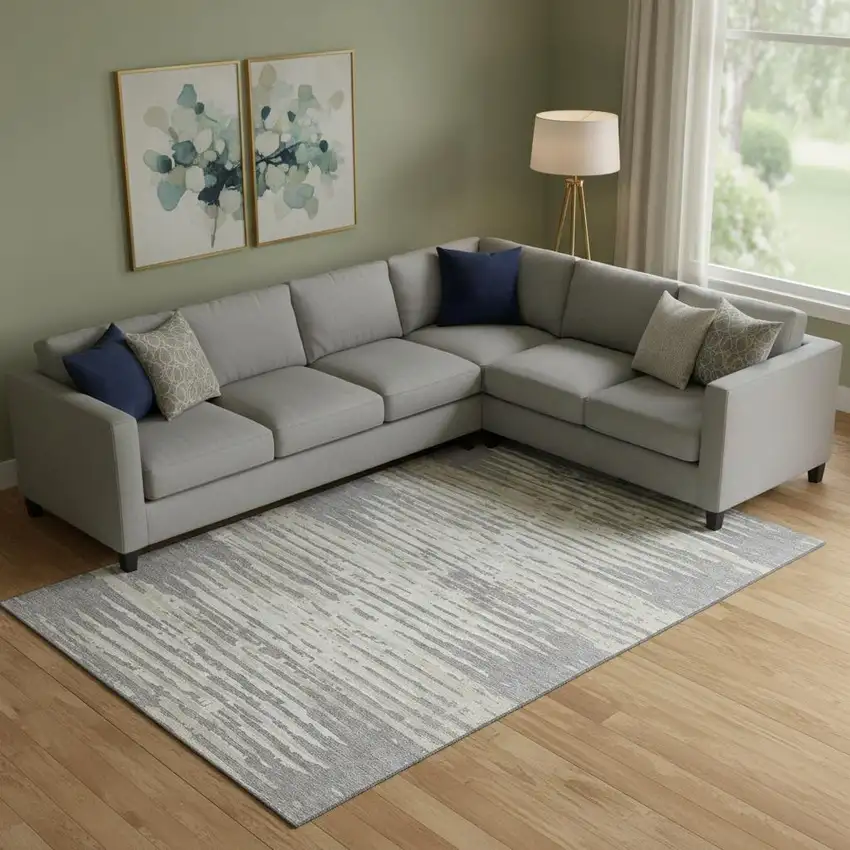 Gray And Ivory Striped Washable Area Rug With UV Protection Photo 1