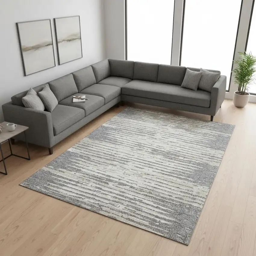 Gray And Ivory Striped Washable Area Rug With UV Protection Photo 2