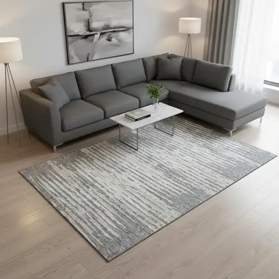 Gray And Ivory Striped Washable Area Rug With UV Protection Photo 2