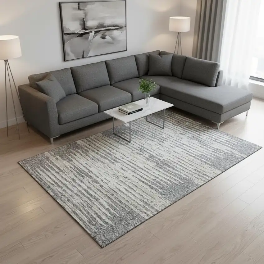 Gray And Ivory Striped Washable Area Rug With UV Protection Photo 2