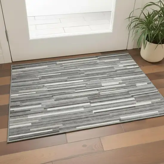 Gray And Ivory Striped Washable Area Rug With UV Protection Photo 2